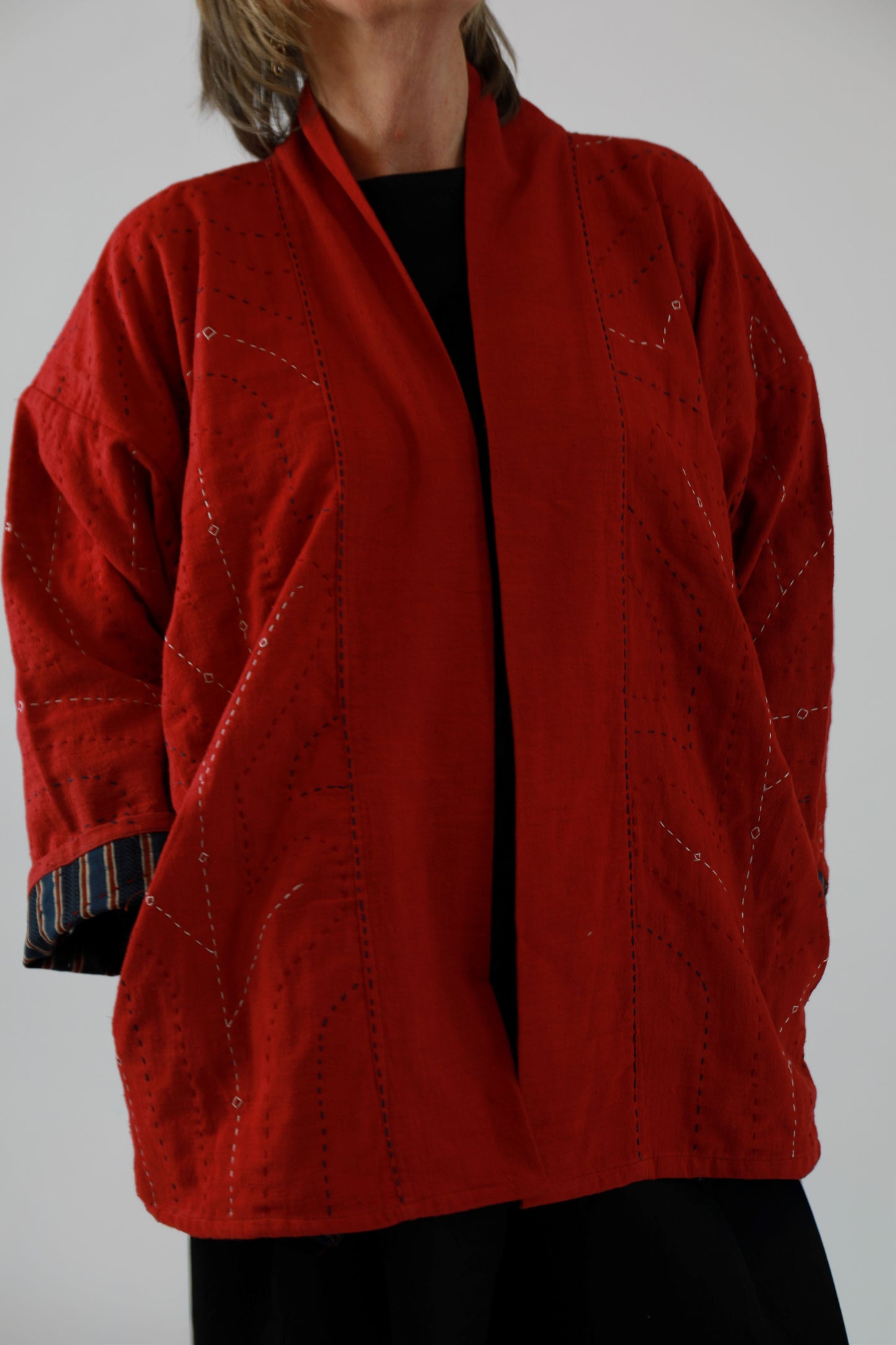Red Embroidered Jacket with Ajrakh Print