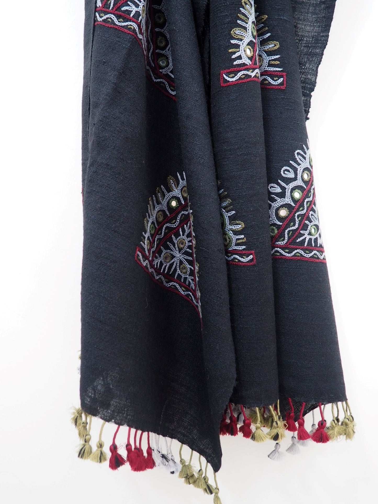 Black Embroidered Rabari Silk Wool Scarf