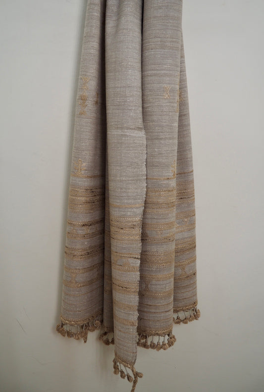 Silver White Tussar Silk and Wool Handloomed Scarf