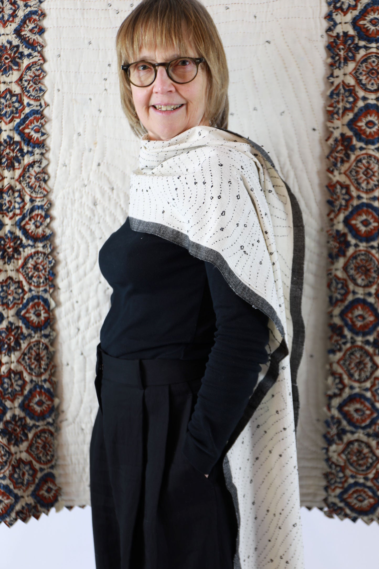 Natural Cream Cotton Rabari Stitch Scarf