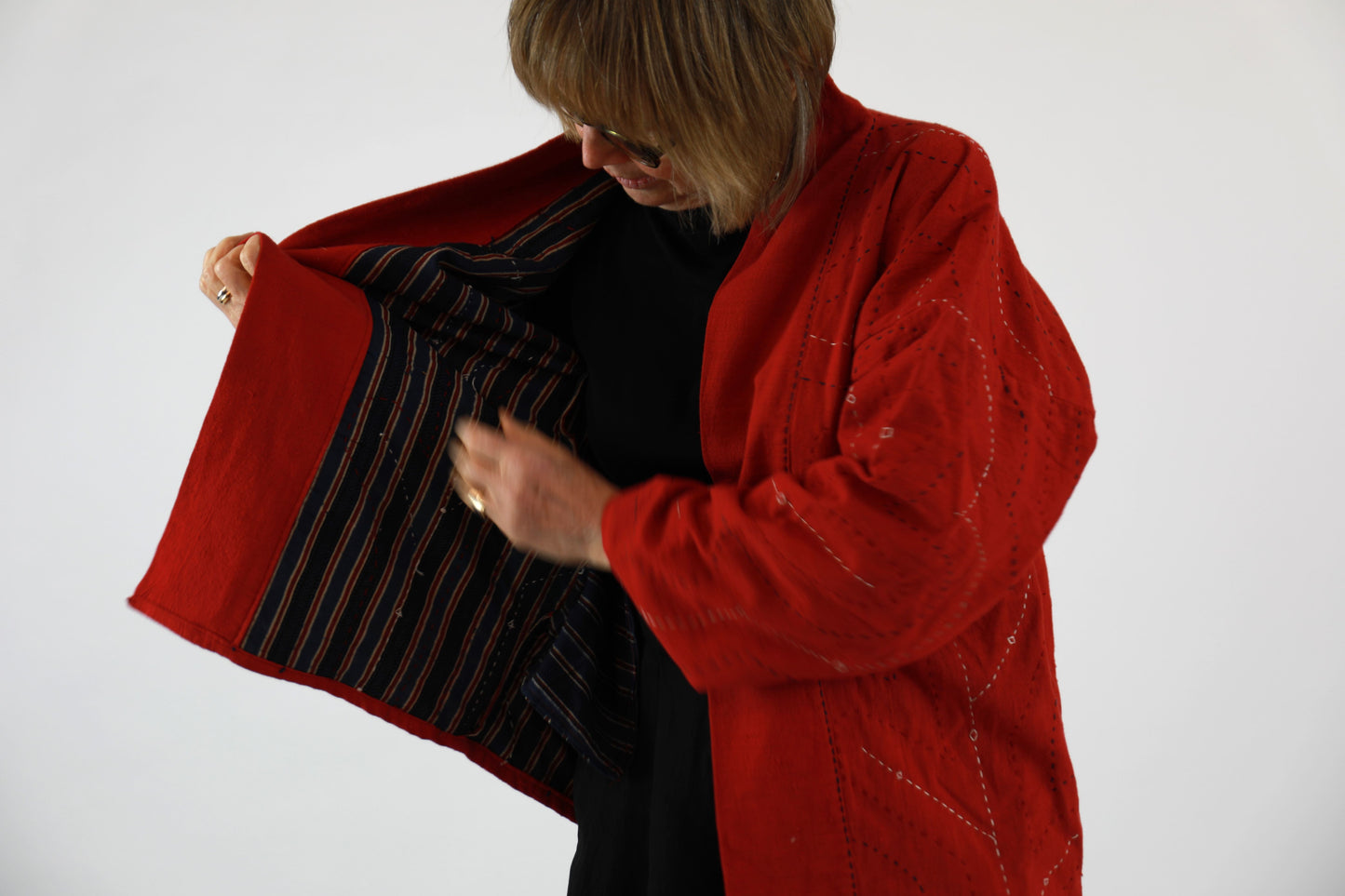 Red Embroidered Jacket with Ajrakh Print