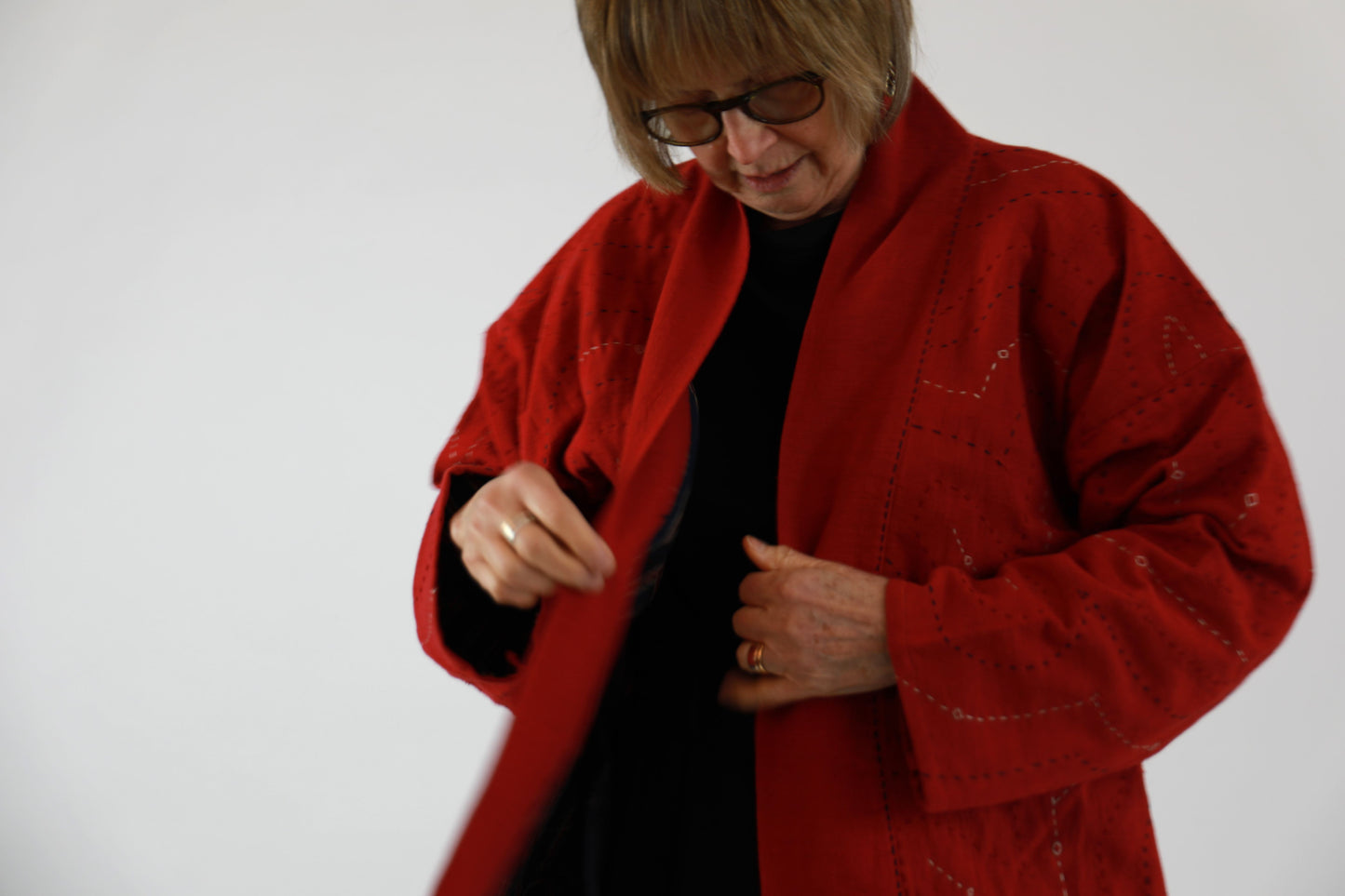 Red Embroidered Jacket with Ajrakh Print