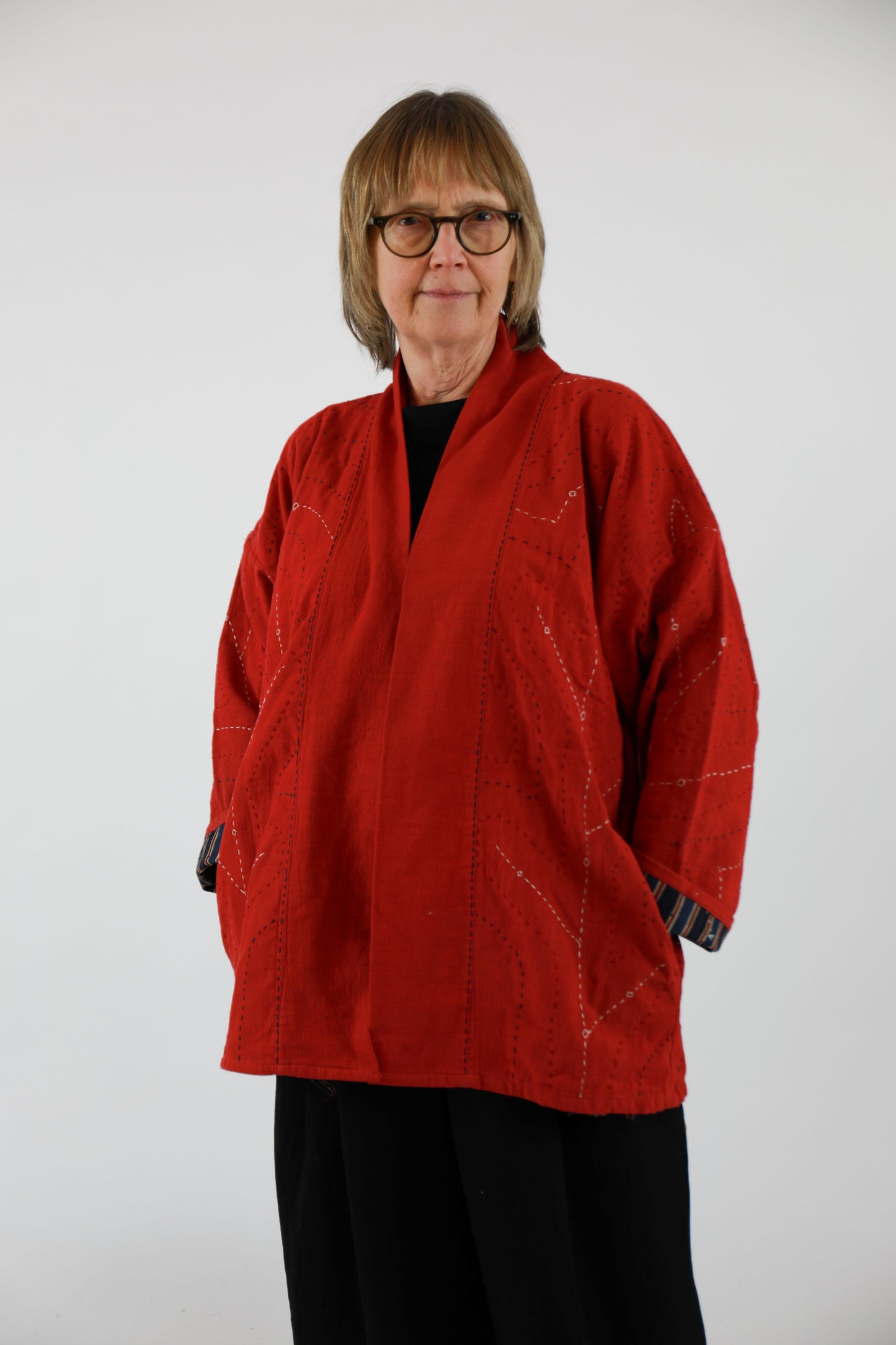 Red Embroidered Jacket with Ajrakh Print