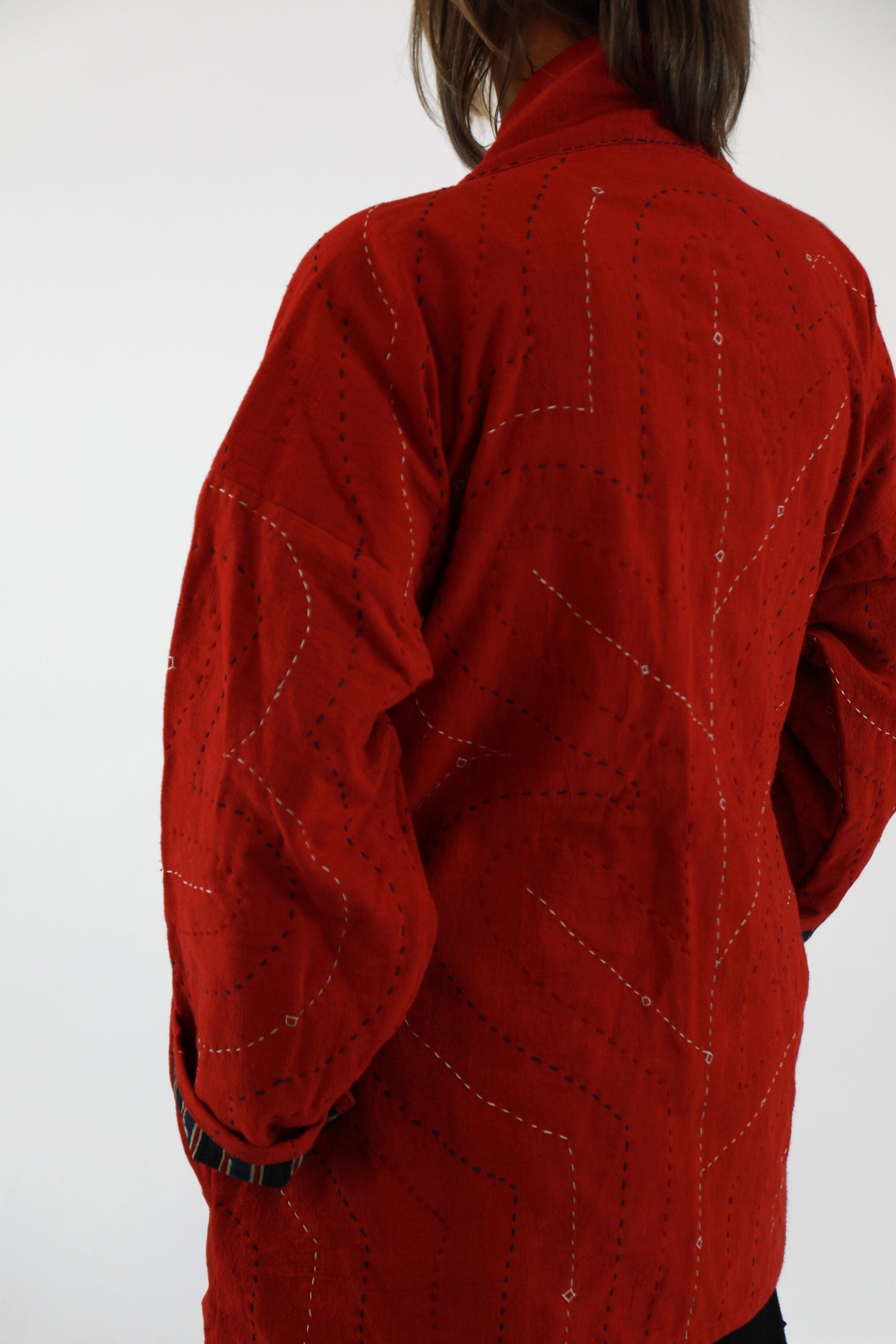 Red Embroidered Jacket with Ajrakh Print