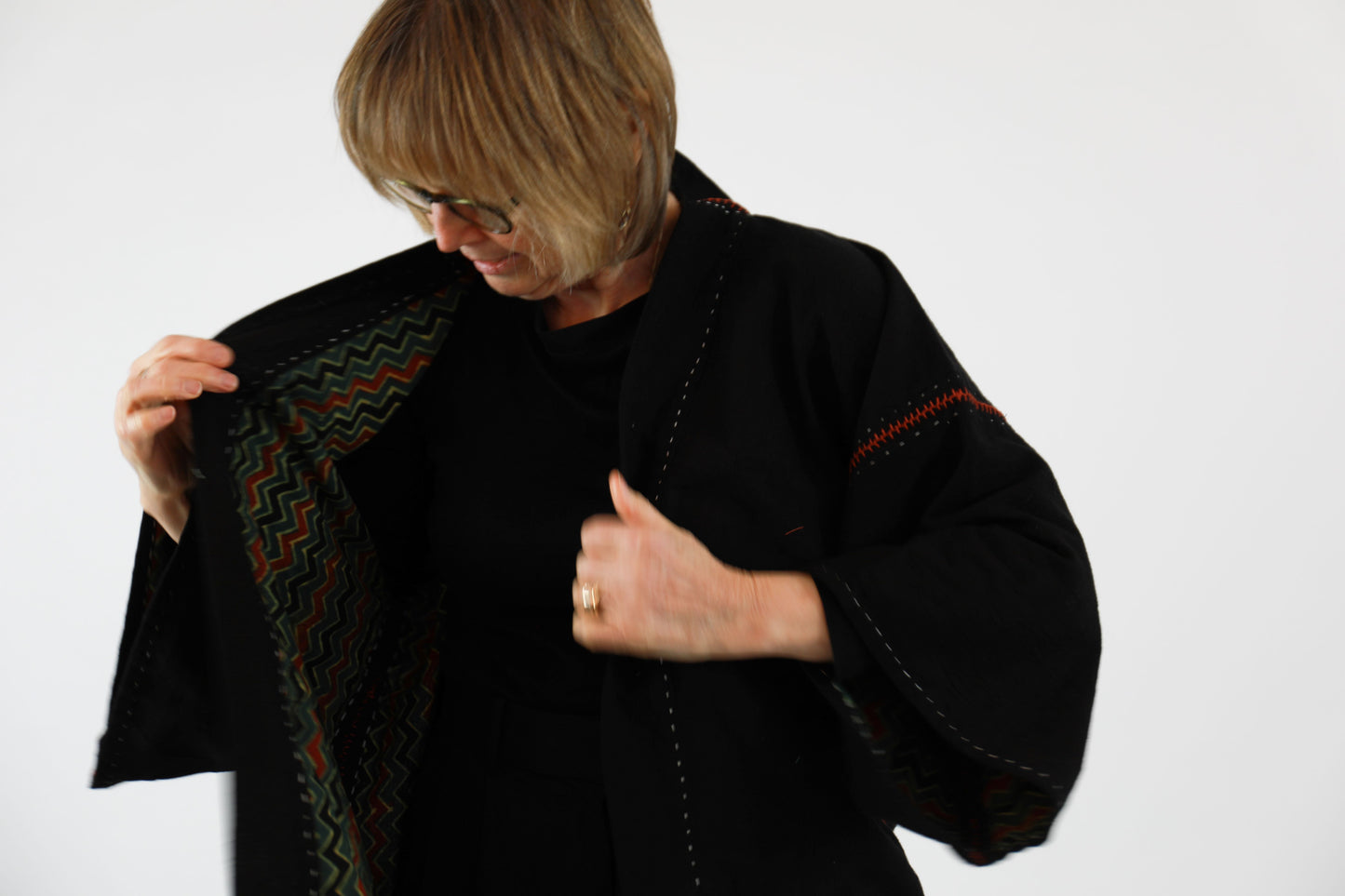 Black Oversize Kimono Jacket with Ajrakh Print