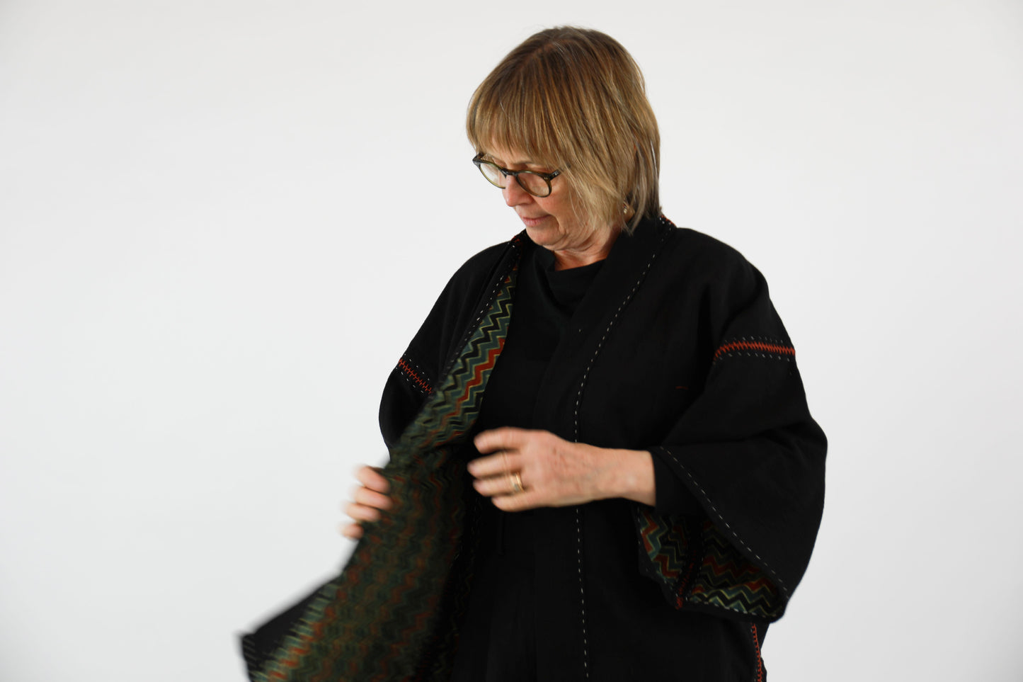 Black Oversize Kimono Jacket with Ajrakh Print