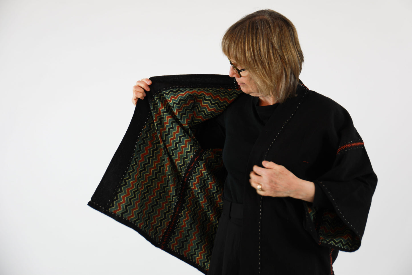 Black Oversize Kimono Jacket with Ajrakh Print