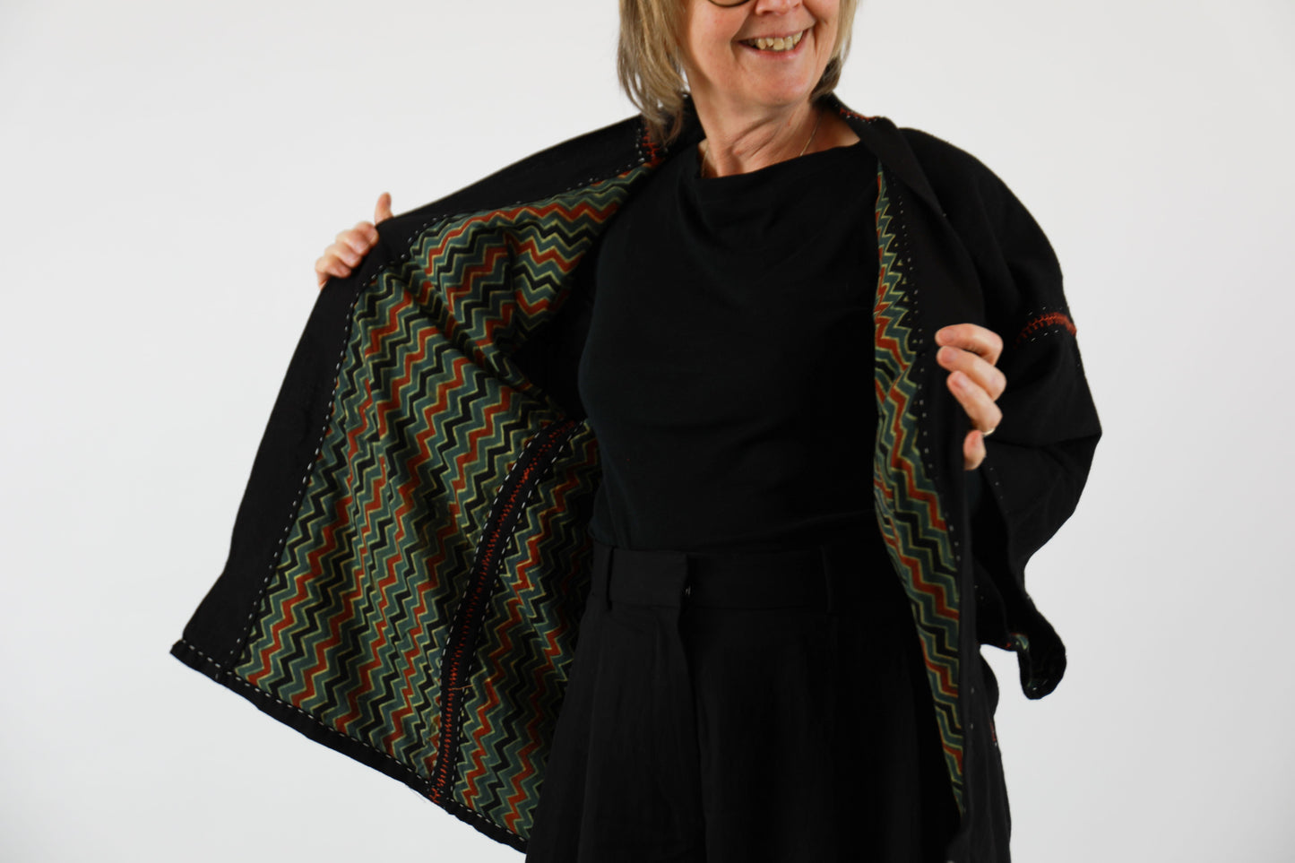 Black Oversize Kimono Jacket with Ajrakh Print