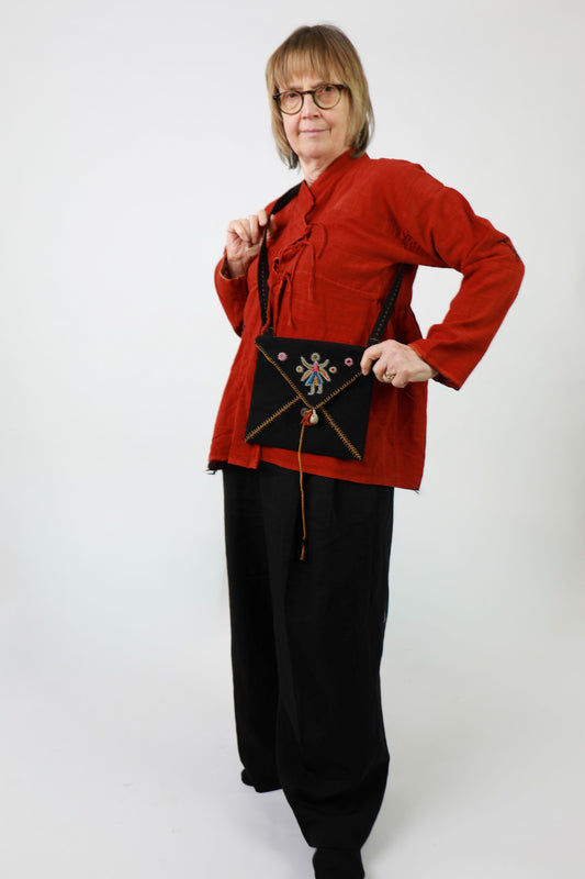 Black Rabari Embroidered Bag with Woman Design