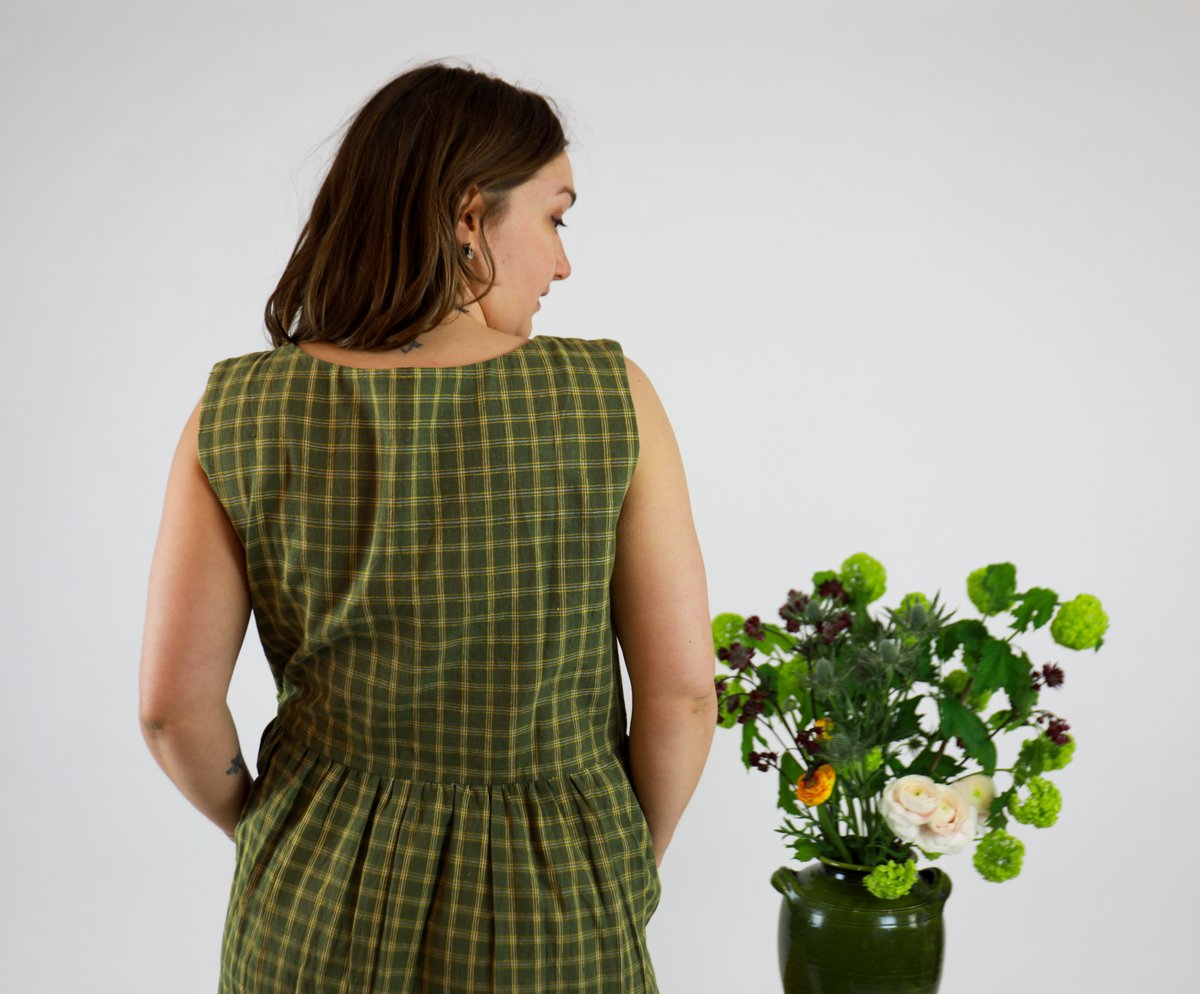The Polly Dress - Handloomed Green Kala Cotton Check