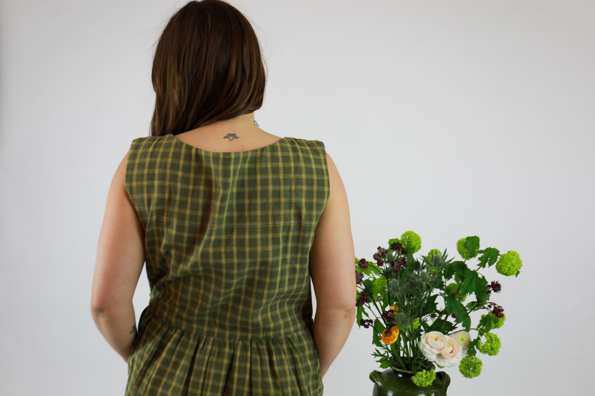 The Polly Dress - Handloomed Green Kala Cotton Check
