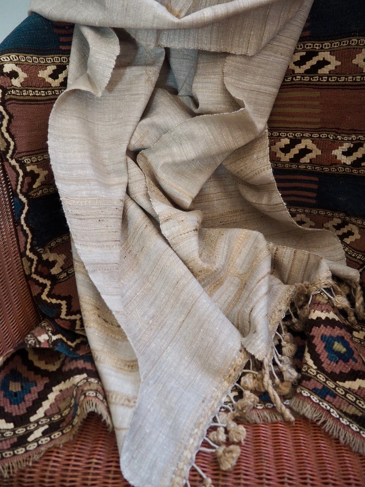 Silver White Tussar Silk and Wool Handloomed Scarf