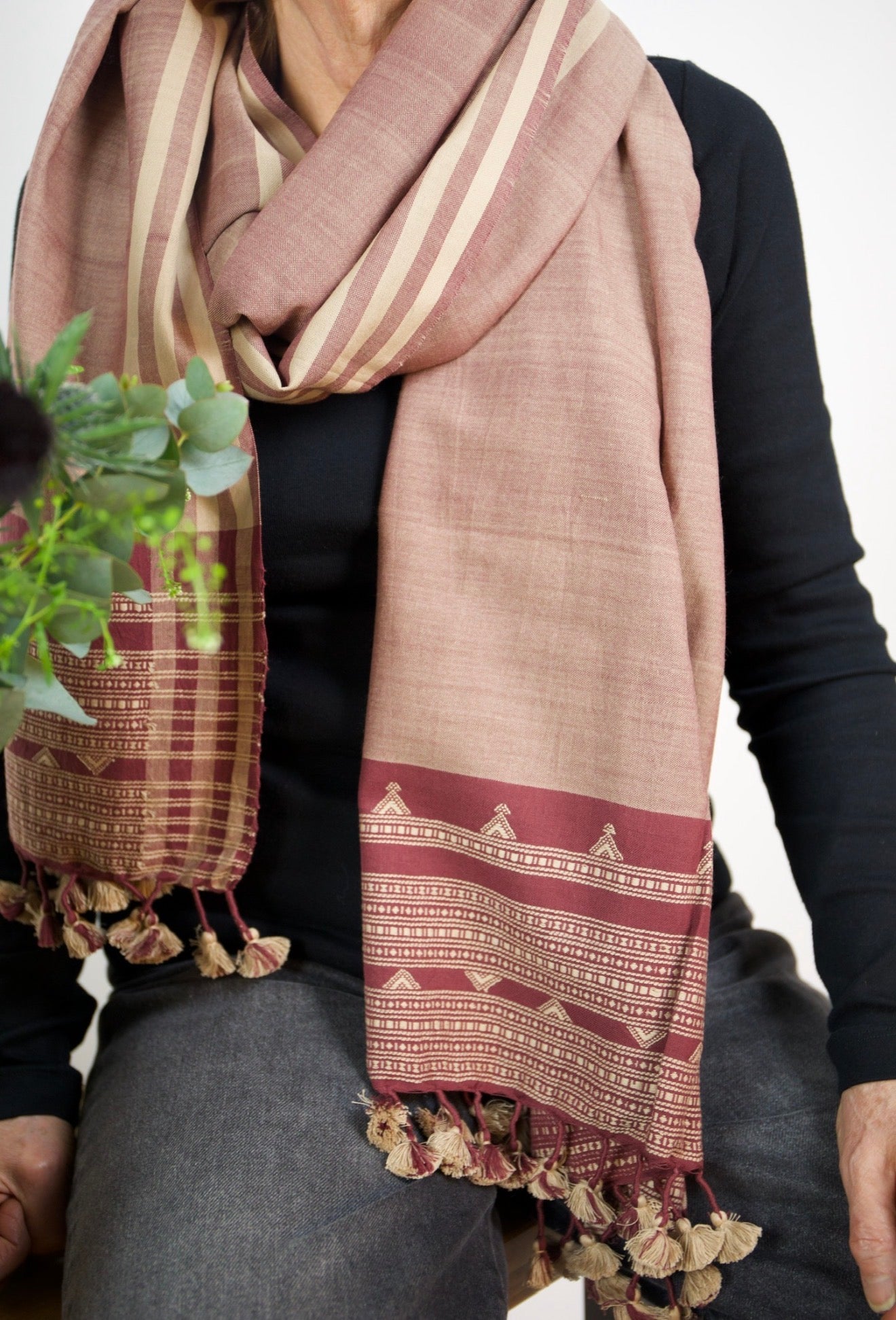 Dusty Pink & Red Cotton Kutch Handloom Scarf