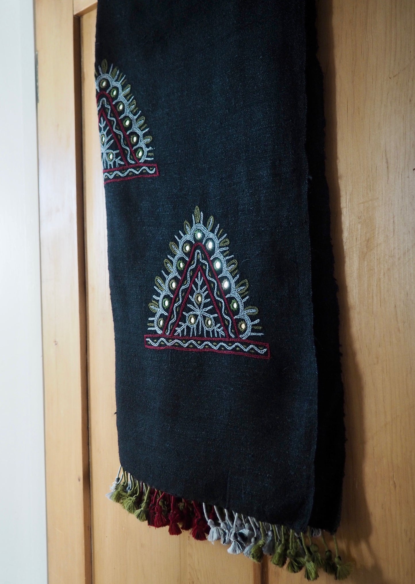 Black Embroidered Rabari Silk Wool Scarf