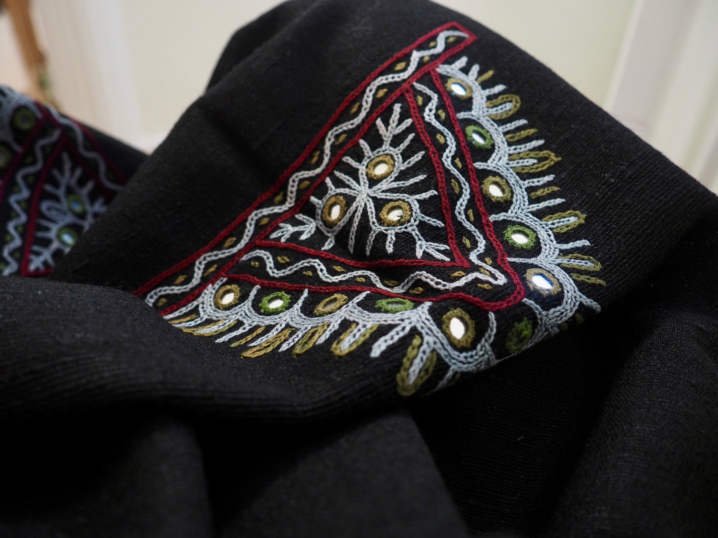 Black Embroidered Rabari Silk Wool Scarf