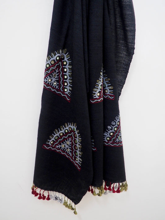 Black Embroidered Rabari Silk Wool Scarf