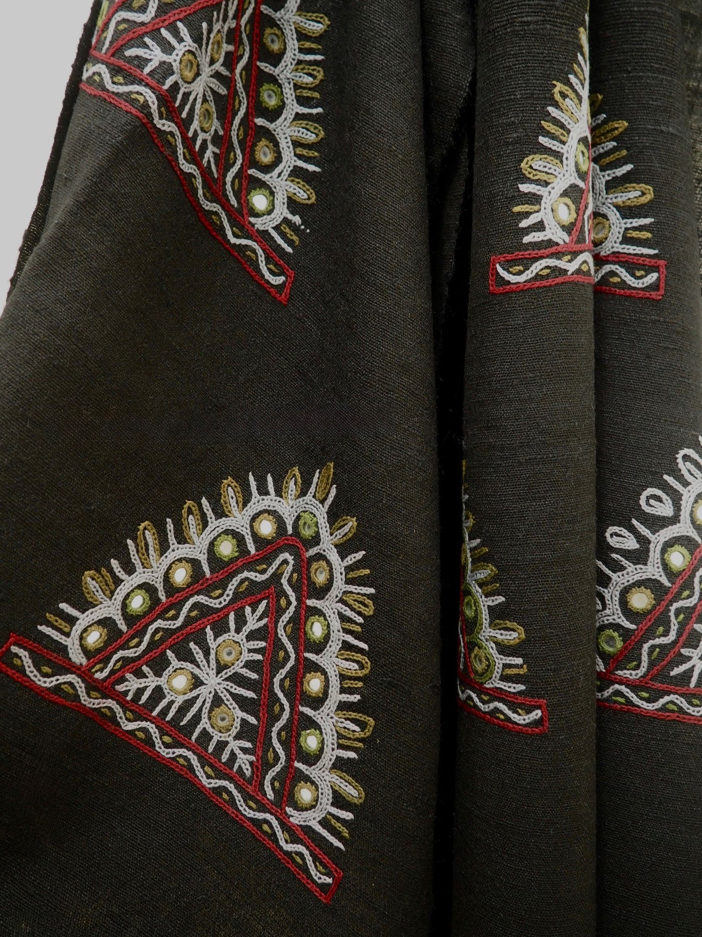 Black Embroidered Rabari Silk Wool Scarf