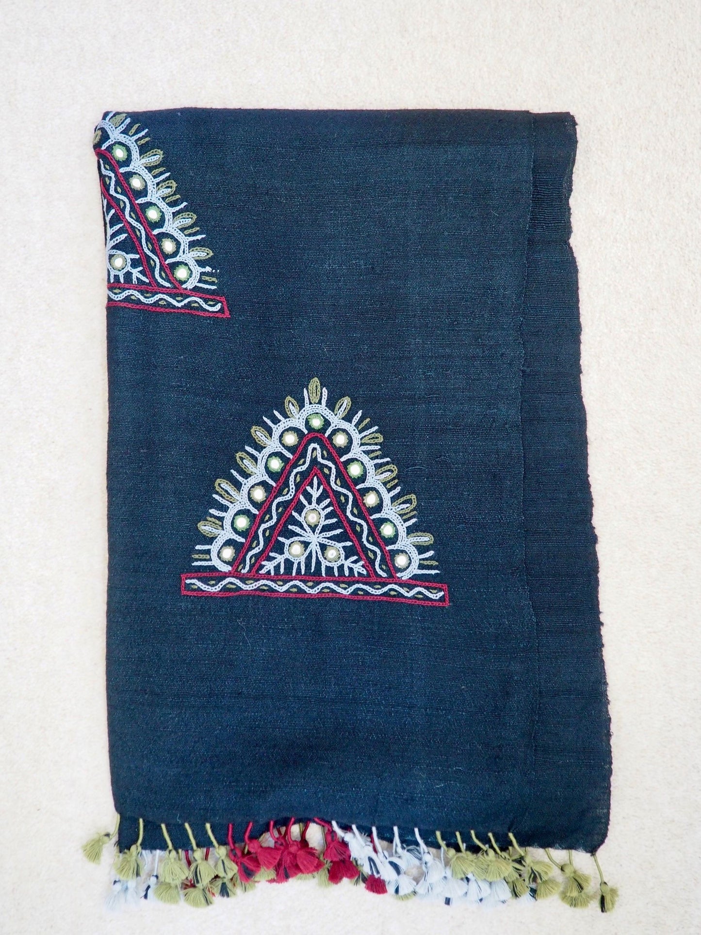 Indigo Embroidered Rabari Silk Wool Scarf