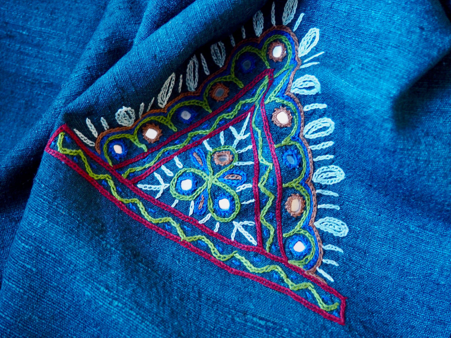 Indigo Embroidered Rabari Silk Wool Scarf