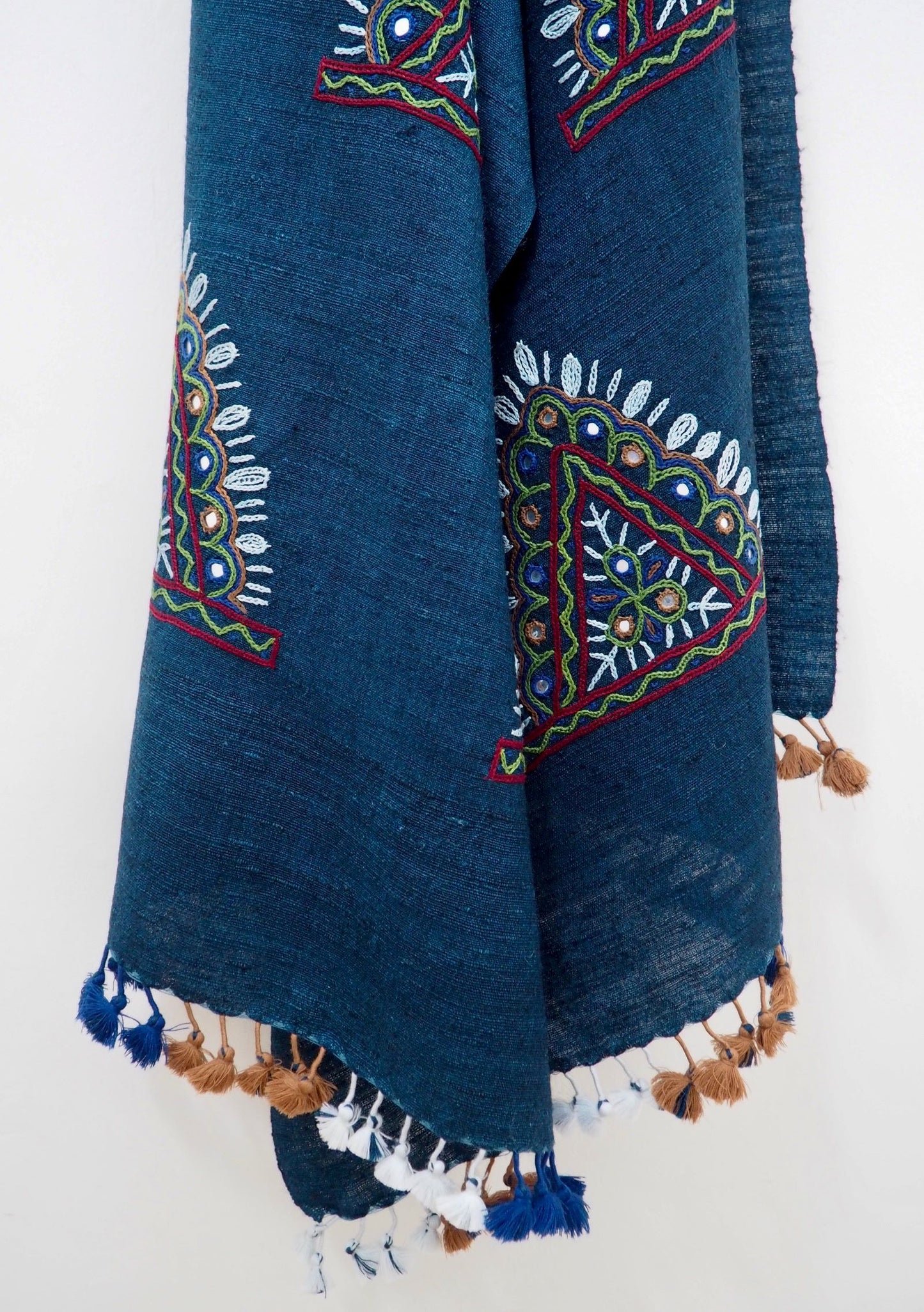 Indigo Embroidered Rabari Silk Wool Scarf