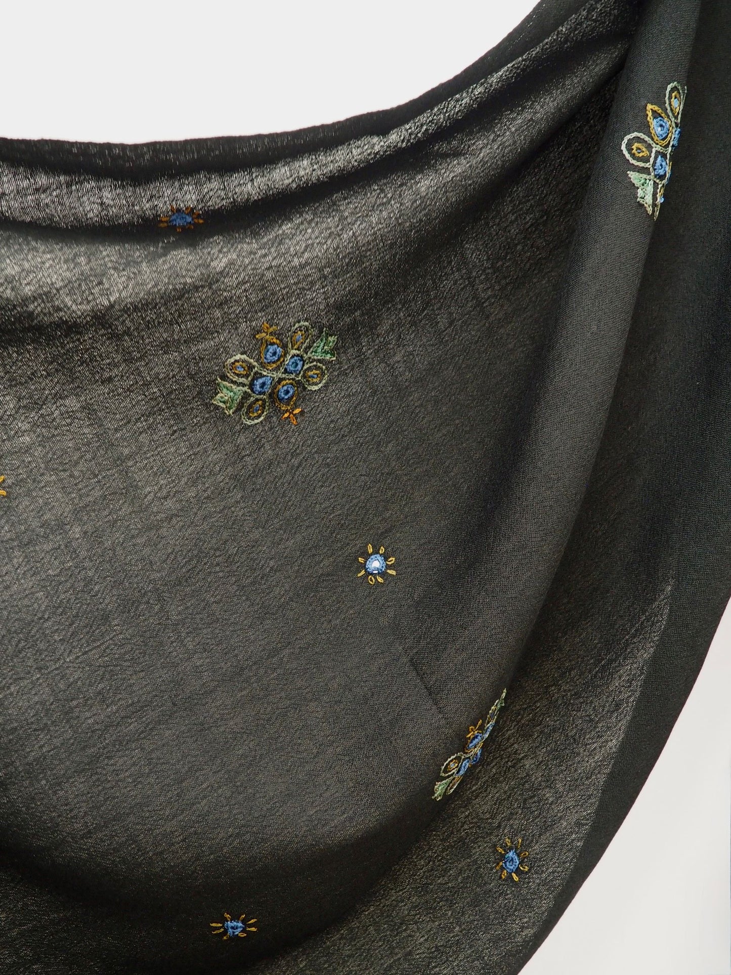 Black Embroidered Ahir Silk Wool Scarf