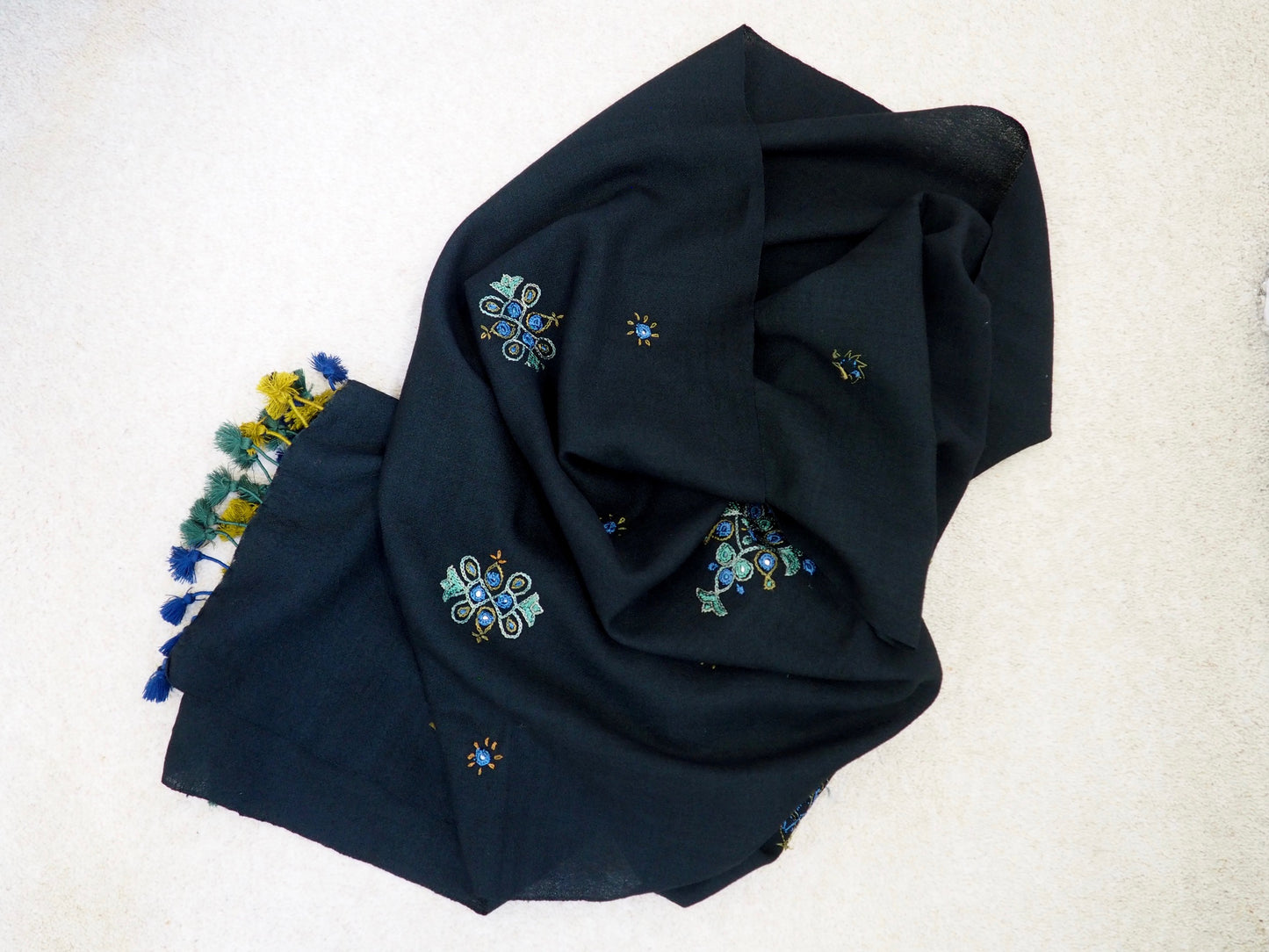 Black Embroidered Ahir Silk Wool Scarf